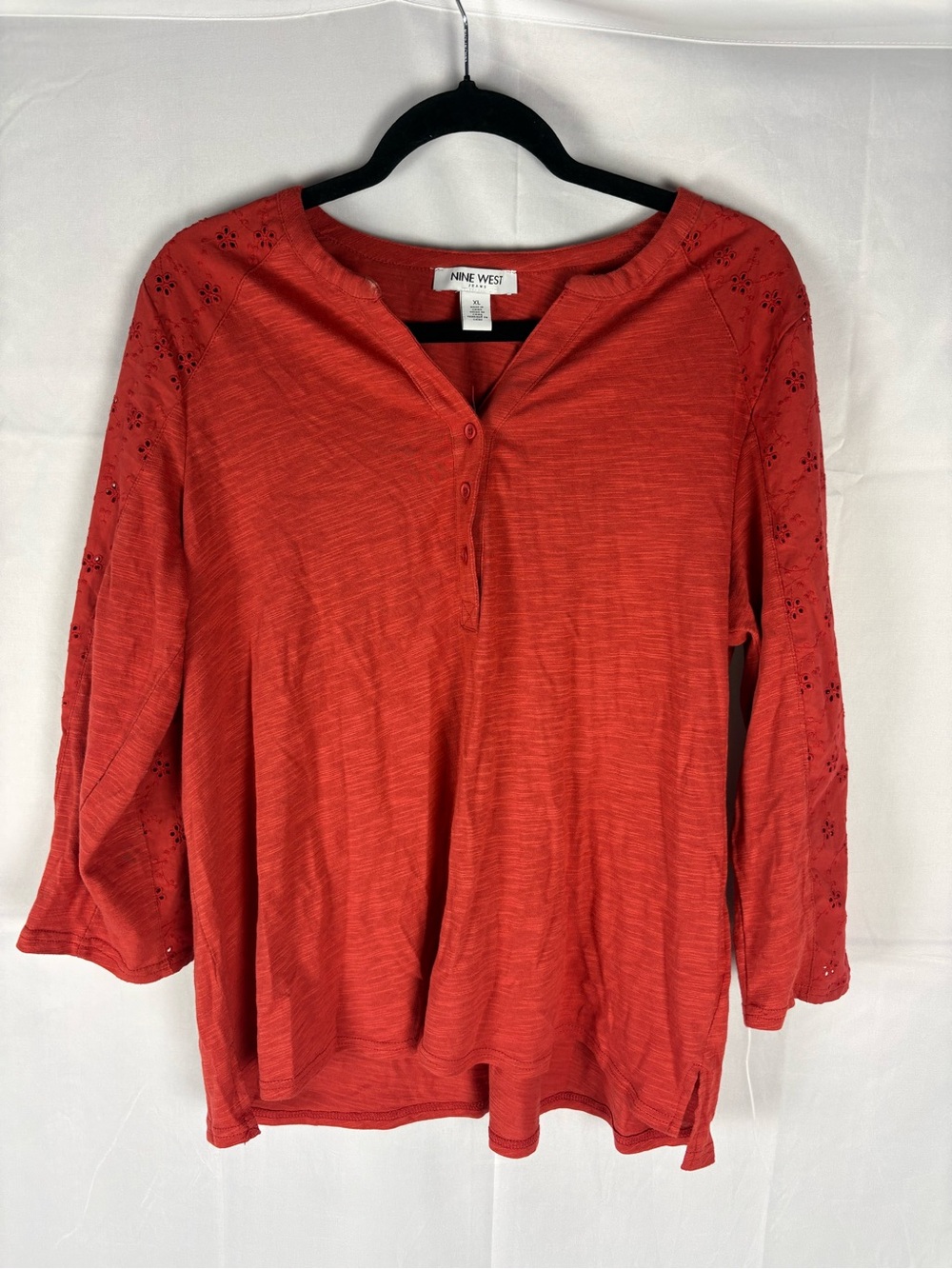 Burnt orange woven knit Cotton blend blouse V neck quarter button Henley XL